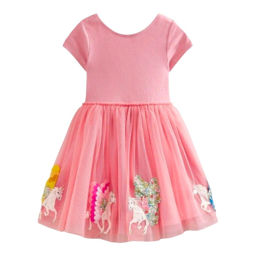 Mini Boden Katie Unicorn Appliqué Pink Tulle Cotton Princess Dress Girls SZ 8-9y
